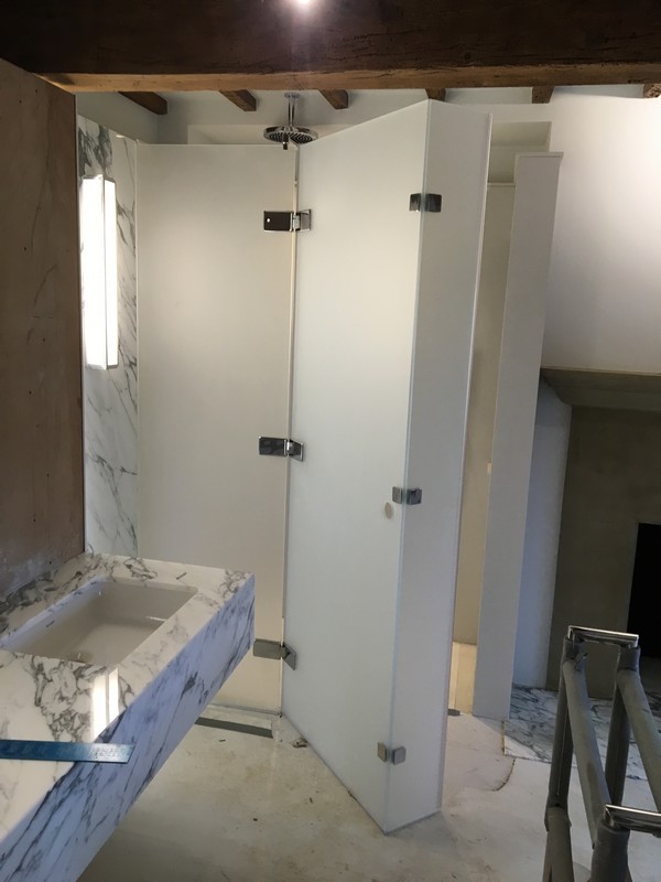 Bespoke frosted glass shower enclosure in Bellingham luxury bathroom